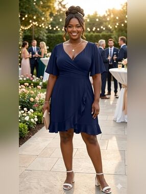 Slimming Autumn Wedding Guest Dress 2X Navy Smocked Cocktail Ruffle Cottage New